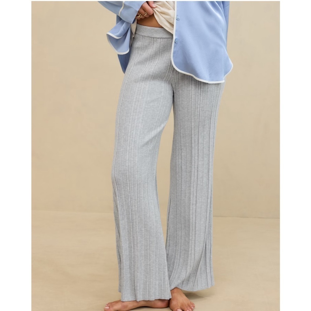 Aerie High Waisted Sweater Pants Ribbed Wide Leg Beige